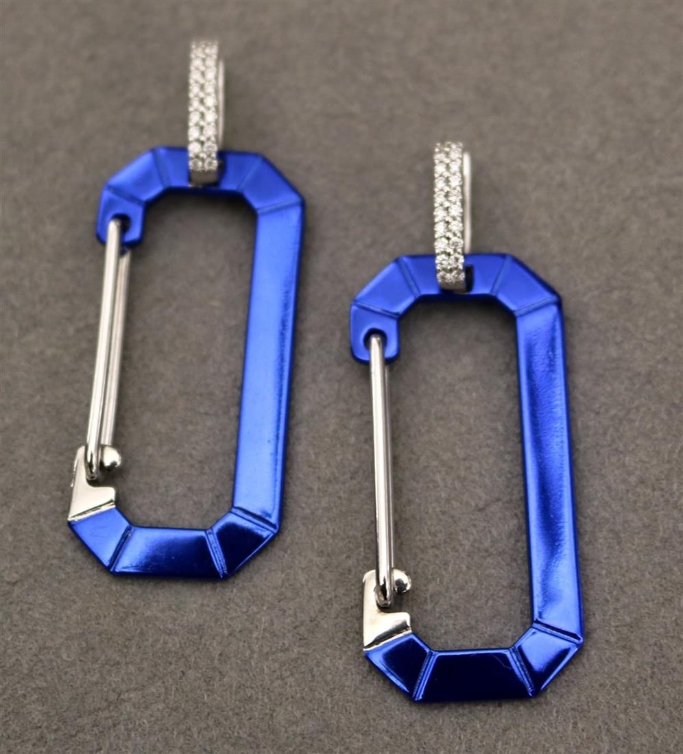 PAIR SIGNED EERA 18K WHITE GOLD, DIAMOND AND COBALT COLOR METALLIC "CHIARA" DANGLE EARRINGS, - L: (1 of 9)
