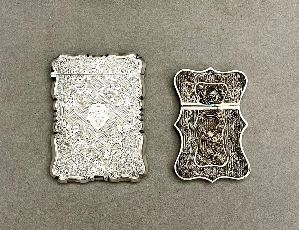 TWO SILVER SHAPED RECTANGULAR CARD CASES AND MINIATURE PERFUME FLASK. 19th century. - Wt. 3.4 troy (1 of 13)
