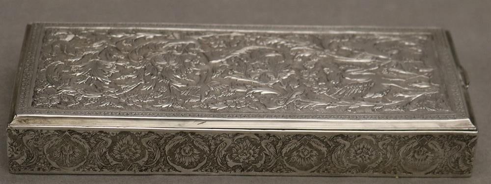 PERSIAN SILVER (84-FINE) REPOUSSE HINGED-TOP RECTANGULAR CIGARETTE BOX, - 7 in. x 3 1/8 in. Wt. 11.4 (1 of 6)