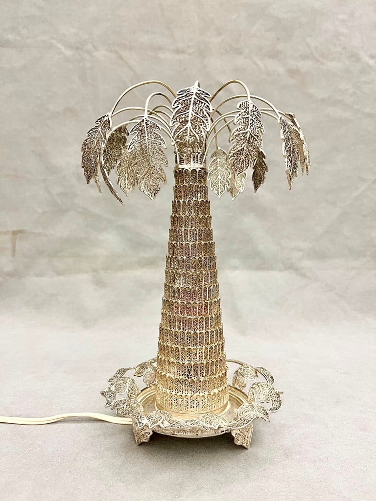 VINTAGE TUNISAN SILVER FILIGREE PALM TREE-FORM TABLE LAMP. - H; 12 in. Wt. app. 19 troy oz., (1 of 7)