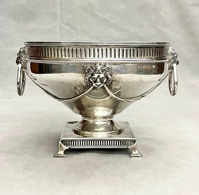 ENGLISH EDWARDIAN NEOCLASSICAL SILVER PEDESTAL BASE CENTER BOWL. Made in Sheffield, 1911, by M&H Co. (1 of 8)