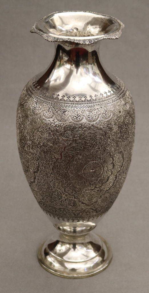 PERISIAN SILVER (84-FINE) BALUSTER-FORM FOOTED VASE. - H: 15 1/2 in. Wt. 41.8 troy oz.: PERSIAN SILVER (84-FINE) BALUSTER-FORM FOOTED VASE. Frieze of finely worked medallion decoration on ground of leafy vines - H: 15 1/2 in. Wt. 41.8 troy oz.