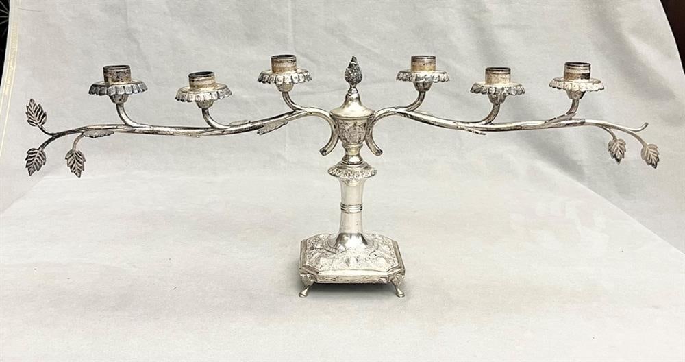 PERSIAN SILVER (84-FINE) SIX-LIGHT CANDELABRUM, - H: 10 in.; Spread, 27 in. Wt. 39.8 troy oz. (1 of 5)