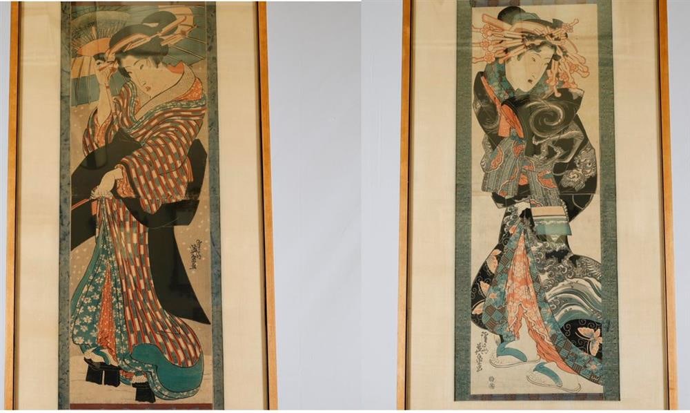 PAIR OF HASHIRA-E JAPANESE WOODBLOCK PRINTS, - Sight: 29 x 11.25 inches; frame: 46 x 18.75 inches.: PAIR OF HASHIRA-E JAPANESE WOODBLOCK PRINTS. Edo period (1615-1868) woodblock prints, hashira-e or pillar print format; each with two sheets in vertical composition, both signed to lower corners, like
