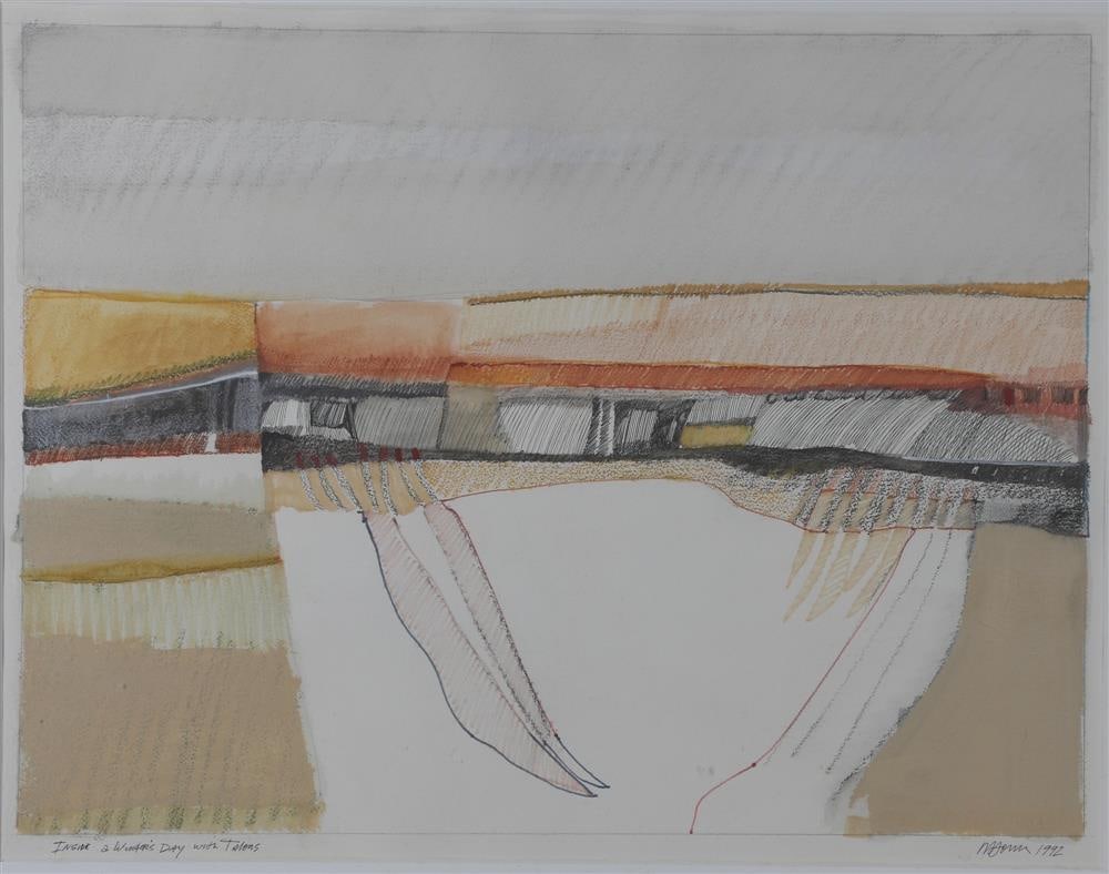 AMERICAN SCHOOL (20th century). Inside a Winter's Day with Talons, 1992, Mixed media on paper. Ink: AMERICAN SCHOOL (20th century). Inside a Winter's Day with Talons, 1992, Mixed media on paper. Ink titled, dated and signed at base. Illegibly signed. Framed. Not examined out of frame. - Sight: 20.5 