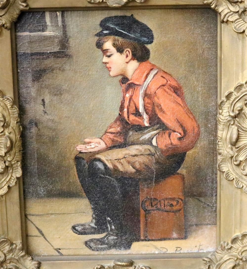 AMERICAN SCHOOL (Early 20th century). Counting the Earnings, Oil on canvas. Indeciphrable signature: AMERICAN SCHOOL (Early 20th century). Counting the Earnings, Oil on canvas. Indeciphrable signature lower right hand corner. Framed. - Sight: 9.5 x 7 in.; Frame: 14.5 x 12.5 in.