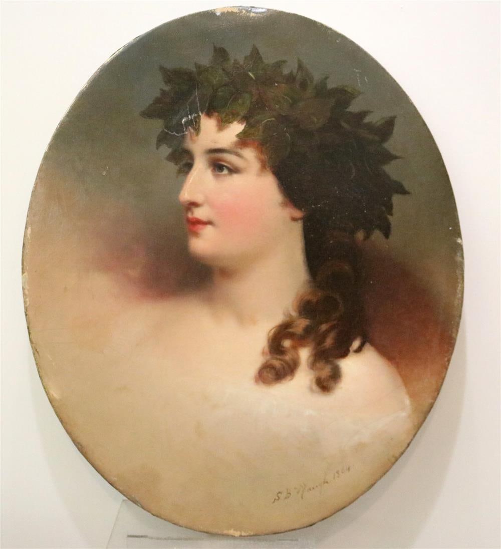 SAMUEL BELL WAUGH (Pennsylvania / Wisconsin, 1814 - 1885). Young Woman Wearing a Crown of Ivy, 1864,: SAMUEL BELL WAUGH (Pennsylvania / Wisconsin, 1814 - 1885). Young Woman Wearing a Crown of Ivy, 1864, (for restoration) Oil on canvas. Signed and dated lower right hand. Unframed.