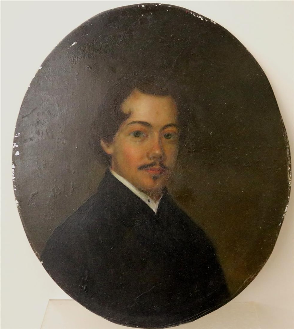 CONTINENTAL SCHOOL (Early 19th century). Portrait of a Man with a Mustache, Oil on board. Unsigned.: CONTINENTAL SCHOOL (Early 19th century). Portrait of a Man with a Mustache, Oil on board. Unsigned. Unframed. - 13.75 x 11.75 inches