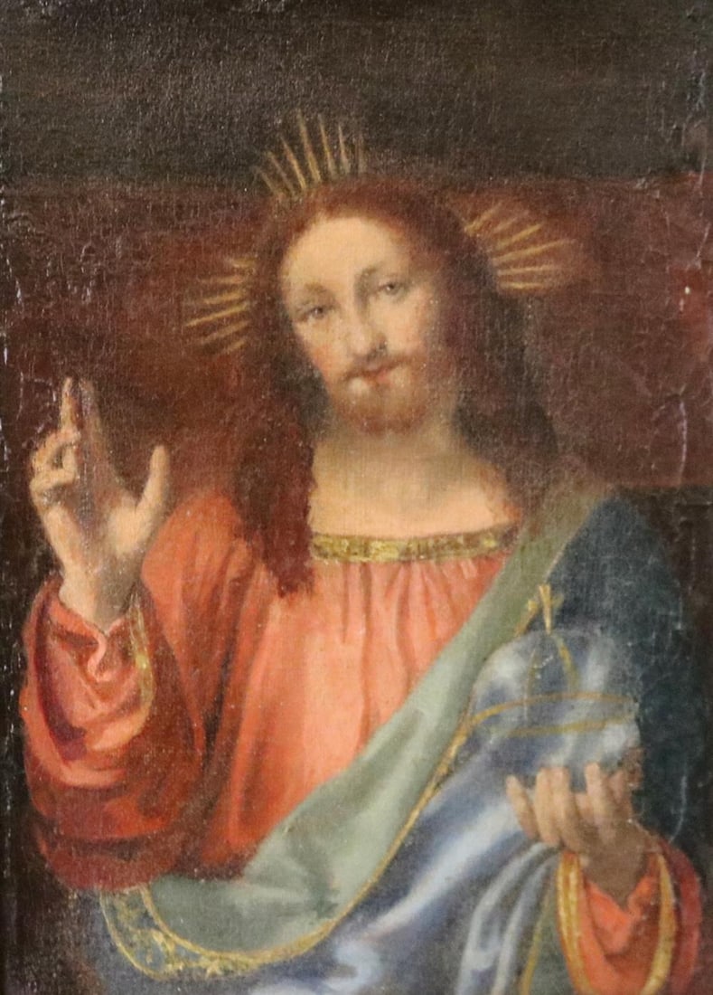 ITALIAN SCHOOL (19th century or earlier). Blessing Christ, Savior of the World, Oil on canvas after: ITALIAN SCHOOL (19th century or earlier). Blessing Christ, Savior of the World, Oil on canvas after the work Bernardino Luini between 1520 and 1525. Bernardino Luini was an Italian Renaissance painter