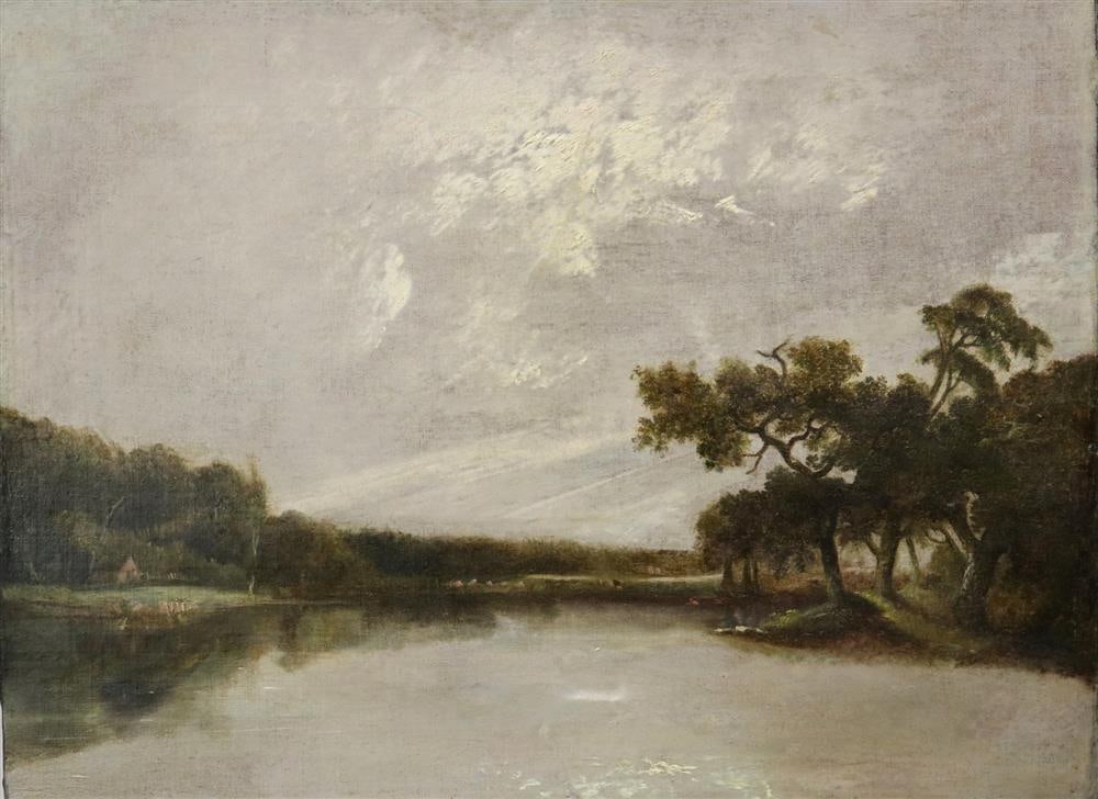 AMERICAN SCHOOL (Early 20th century). River Landscape, Oil on canvas. Unsigned. Unframed.: AMERICAN SCHOOL (Early 20th century). River Landscape, Oil on canvas. Unsigned. Unframed. - 12 x 16 in.