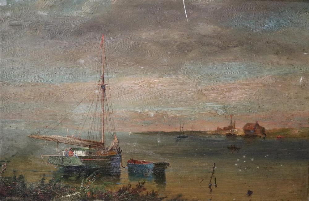 AFTER ROMAIN STEPPE. The Blue Boat, Oil on board. Unsigned. Framed.: AFTER ROMAIN STEPPE. (Belgium, 1859-1927). The Blue Boat, Oil on board. Unsigned. Framed. - Sight: 7.5 x 11.5 in.; Frame: 11.5 x 15.5 in.