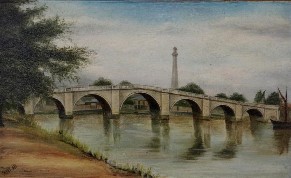 ENGLISH SCHOOL (Early 20th century). View to the local Bridge, Oil on board. Indecipherable (1 of 15)