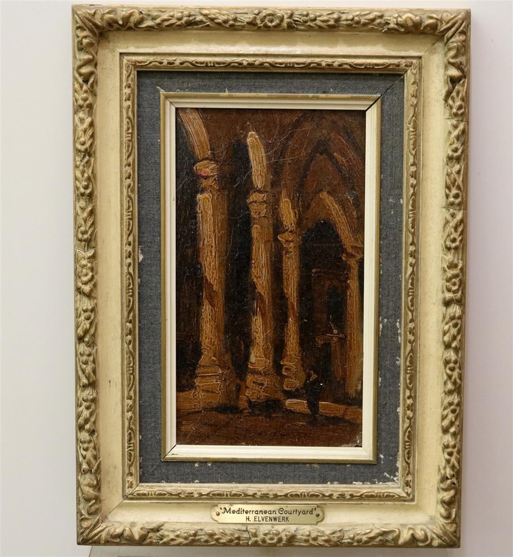 CONTINENTAL SCHOOL (Early 20th century). Mediterranean Courtyard, Oil on board. Unsigned. Framed. (1 of 20)