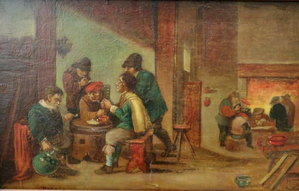 DUTCH SCHOOL (19th century). A convivial Gathering in a Bar, 19th century oil on board artwork.: DUTCH SCHOOL (19th century). A convivial Gathering in a Bar, 19th century oil on board artwork. Signed "Ostade" lower left hand corner. Framed. - Sight: 8.25 x 13 in.; Frame: 12.25 x 11.25 in.
