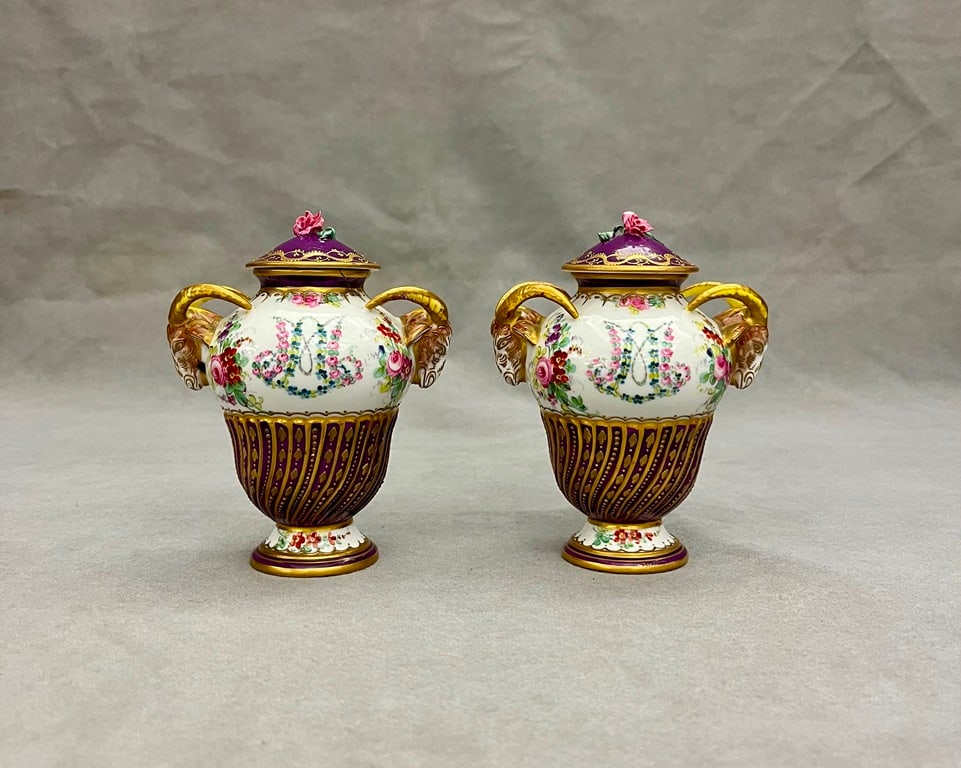 PAIR SEVRES MINIATURE PORCELAIN, LIFT-COVER CABINET VASES, 19th century. - H: 5 in. (1 of 7)