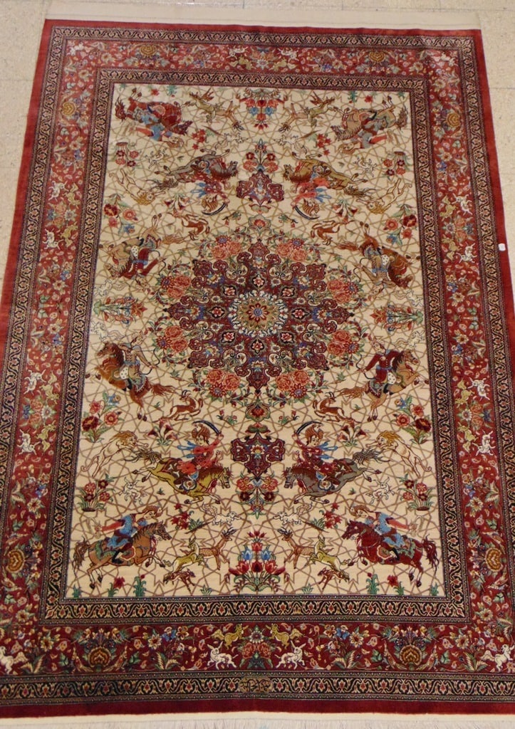 SILK QUM RUG DEPICTING HUNTING SCENE. - App, 4 ft. 4 in. x 6 ft. 4 in. (1 of 12)