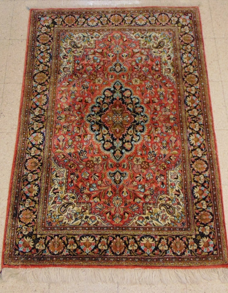 SILK QUM RUG WITH GARDEN MOTIFS. - App. 5 ft.. x  3 ft. 9 in. (1 of 6)