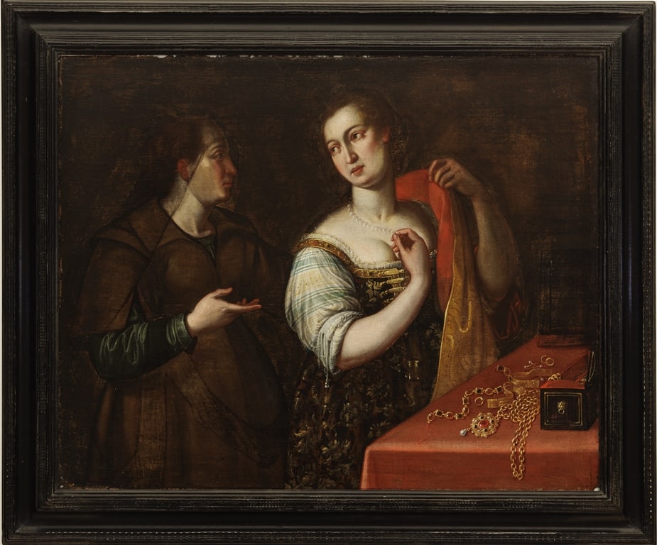FOLLOWER OF FERDINAND BOL (Dutch, 1616 - 1680). Saint Mary Magdalene Renouncing Worldly Vanities,: FOLLOWER OF FERDINAND BOL (Dutch, 1616 - 1680). Saint Mary Magdalene Renouncing Worldly Vanities, Oil on canvas. Framed. - Sight: 28.5 x 36 inches
