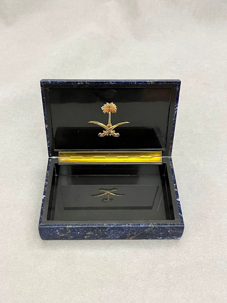 SAUDI ARABIAN LAPIS LAZULI HINGED-TOP RECTANGULAR CIGARETTE BOX. Marked Asprey. - 6 1/8 in. x 4 1/8 (1 of 13)