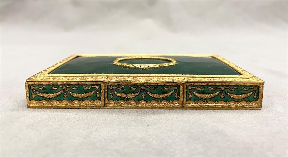 FRENCH NAPOLEON III VERMEIL SILVER AND EMERALD GREEN ENAMEL HINGED-TOP BOX. Circa 1870. - 5 1/2?? x (1 of 12)