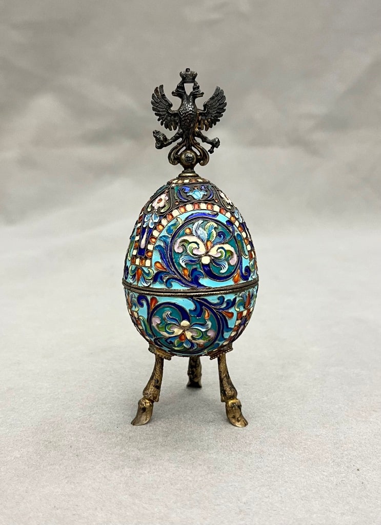 RUSSIAN SILVER (84-FINE) AND MULTI COLOR ENAMEL EGG FORM LIFT-COVER BOX, - H: 5 3/8". (1 of 5)