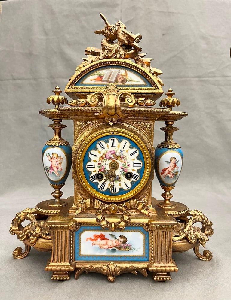 LOUIS XVI STYLE GILT-METAL AND PORCELAIN ARCHITECTURAL MANTEL CLOCK, - H: 15 1/2 in.. (1 of 9)