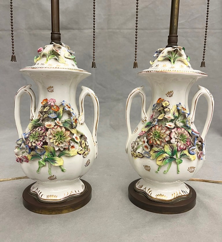 PAIR 19TH CENTURY MEISSEN STYLE POLYCHROMED FLORAL DECORATED PORCELAIN LIFT-COVER VASES MOUNTED AS (1 of 7)