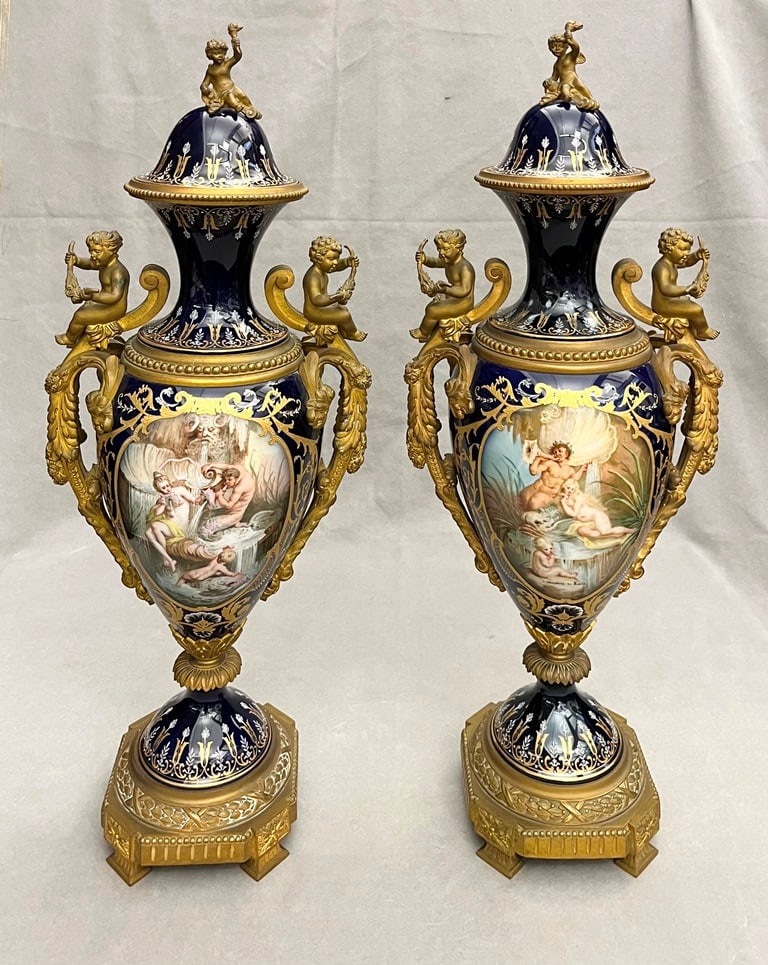 PAIR SEVRES PORCELAIN GILT-METAL MOUNTED PAINTED AND GILT LIFT-COVER URNS. 19th century. - H: 26 in. (1 of 20)