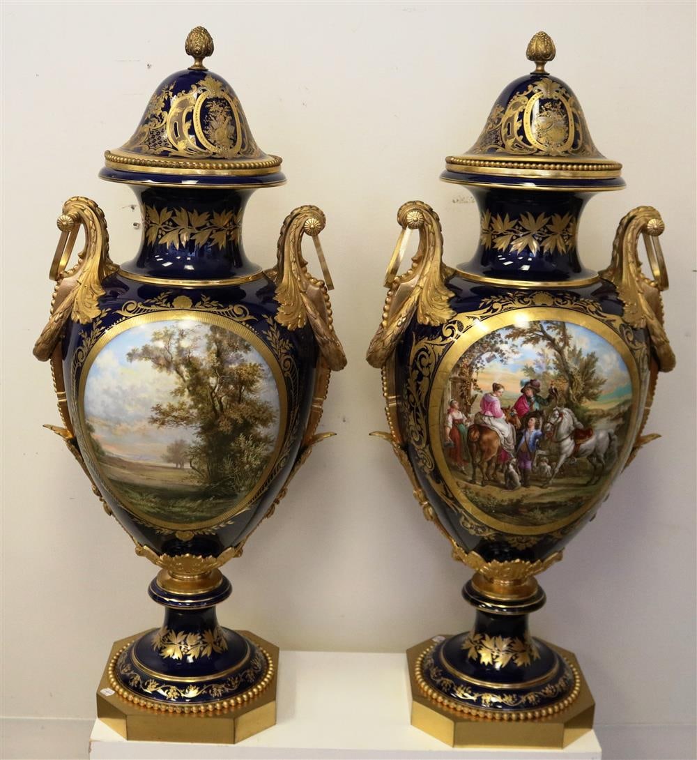 IMPORTANT PAIR SIGNED ANTIQUE SEVRES PORCELAIN PEDESTAL-BASE PALACE URNS WITH LIFT-COVERS AND ORMOLU (1 of 20)