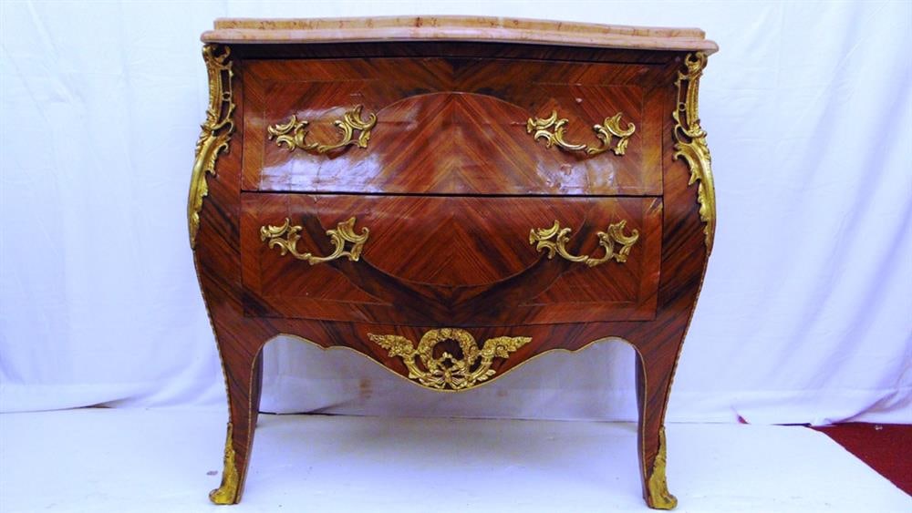 LOUIS XV STYLE PARQUETRY-INLAID TWO-DRAWER BOMBE COMMODE WITH GILT METAL MOUNTS AND MARBLE TOP, - H: (1 of 10)