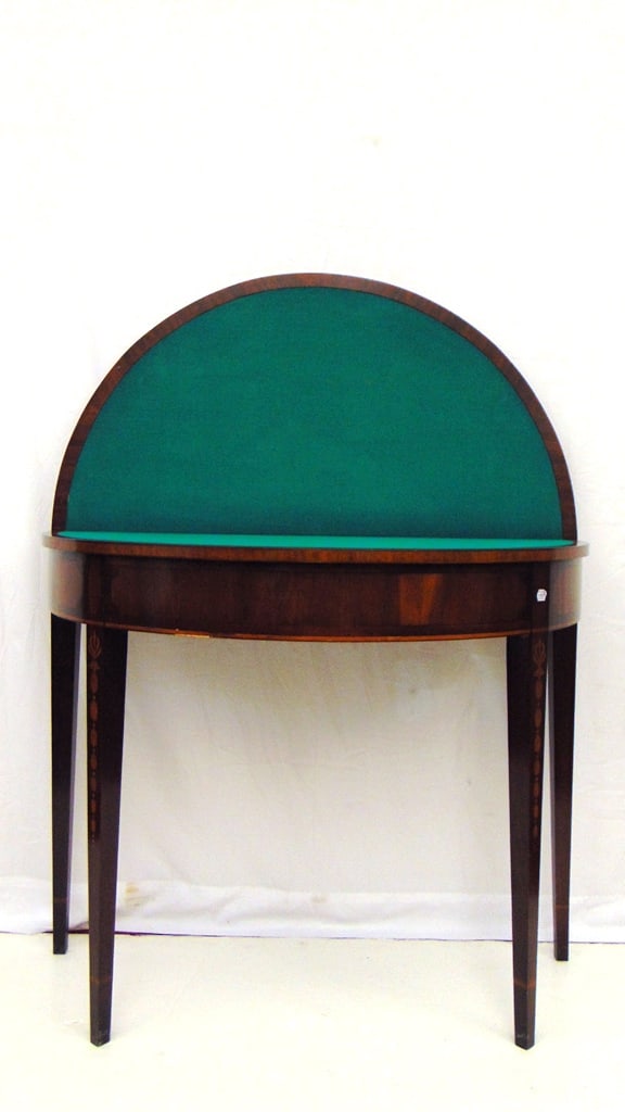 HEPPLEWHITE STYLE INLAID MAHOGANY DEMILUNE FOLD-TOP, SWING-LEG CARD TABLE, early-to-mid 20th (1 of 12)