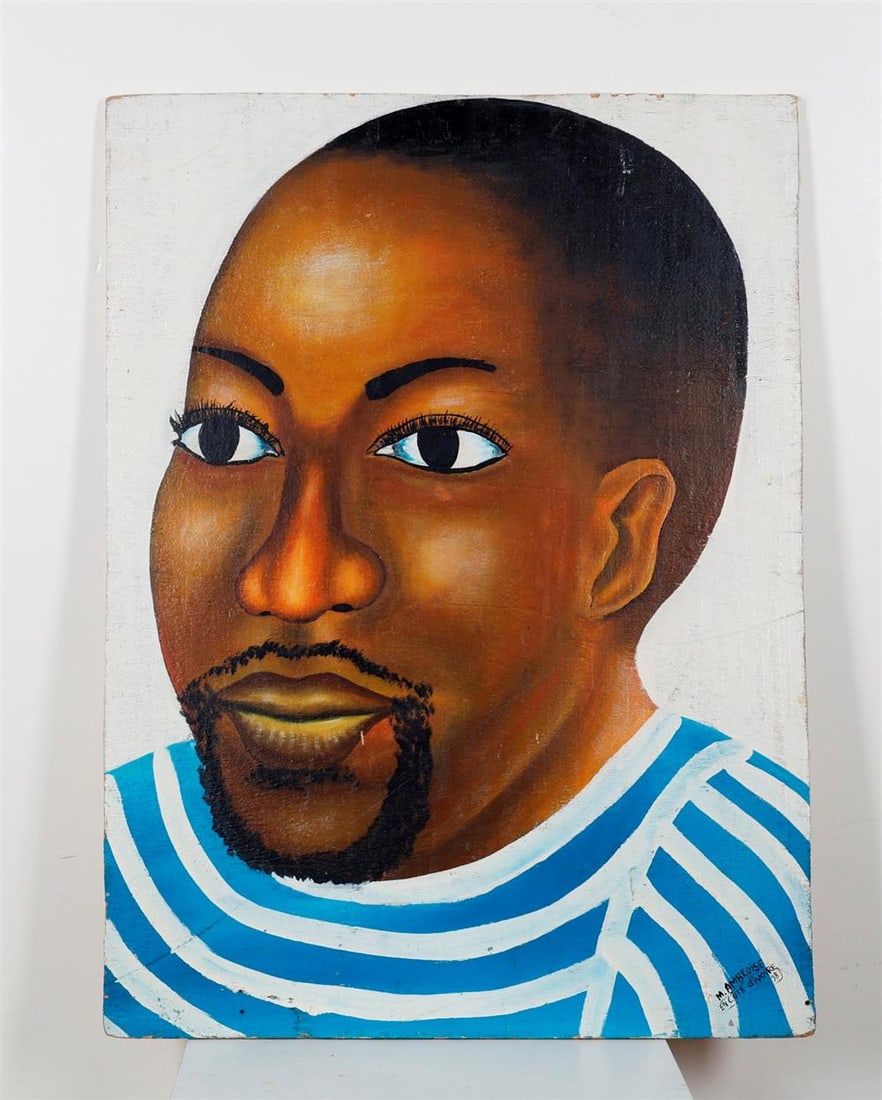 IVORY COAST SCHOOL (20th century). Those Eyes!, Likely this is a unique barber shop sign. Oil on a (1 of 3)