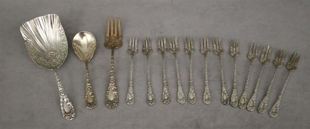 15 PIECES DURGIN CO. "CHRYSANTHEMUM" PATTERN STERLING SILVER FLATWARE, (1 of 5)