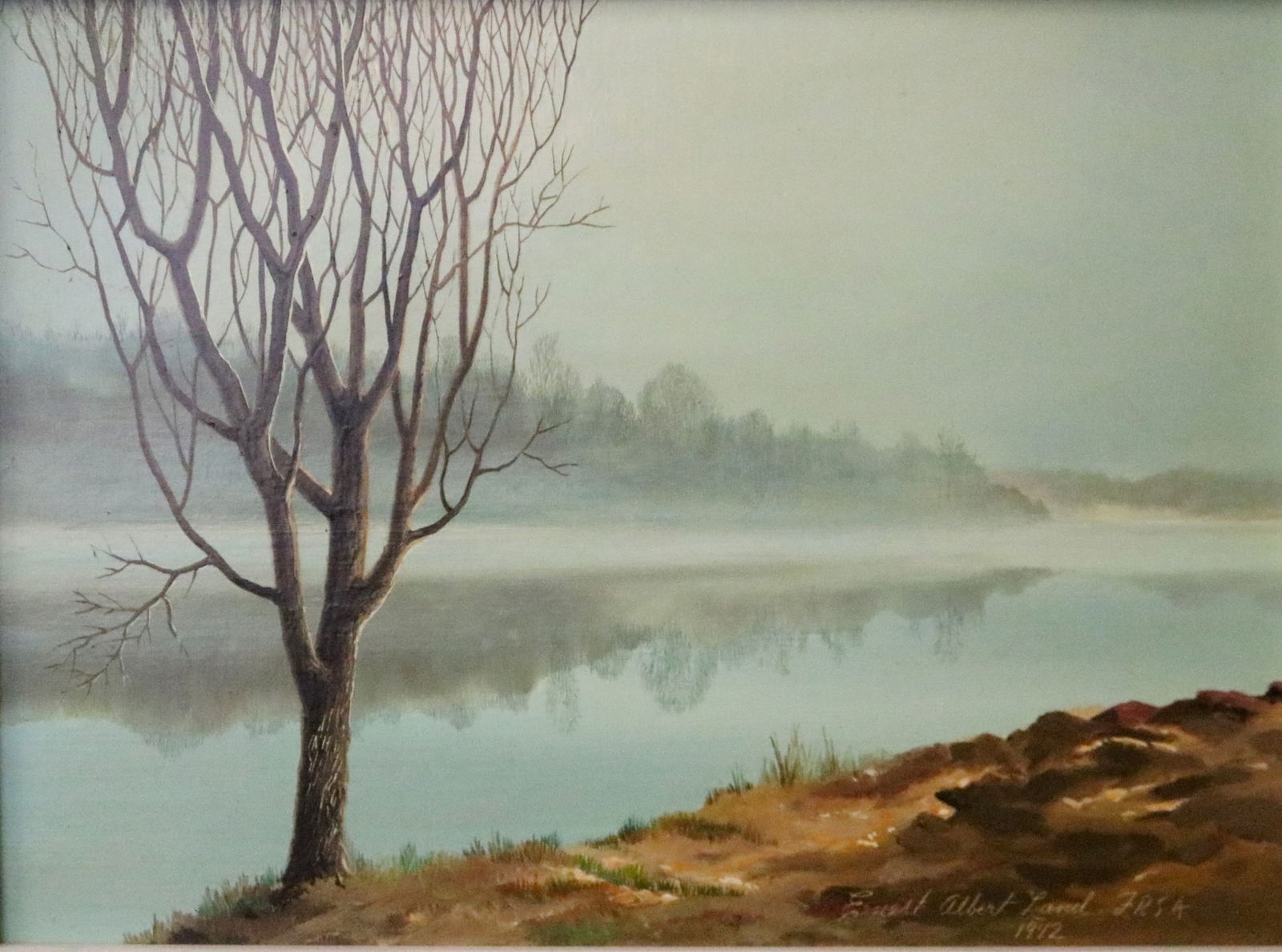 ERNEST ALBERT LAND (Canadian / American, 1918-2006). The Arlington Shore, 1972, Oil on board: ERNEST ALBERT LAND (Canadian / American, 1918-2006). The Arlington Shore, 1972, Oil on board (mesonite). Signed and dated lower right hand corner. Verso label from the artist confirming title and date