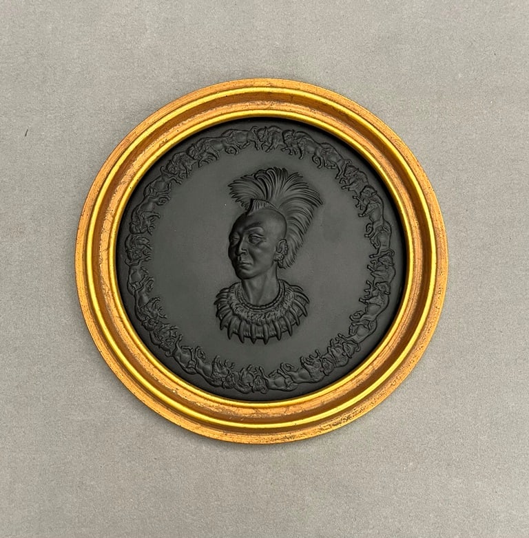 WEDGWOOD BLACK BASALT PORCELAIN CIRCULAR PORTRAIT ROUNDEL MODELED WITH CHIEF BLACKHAWK IN RELIEF, - (1 of 5)