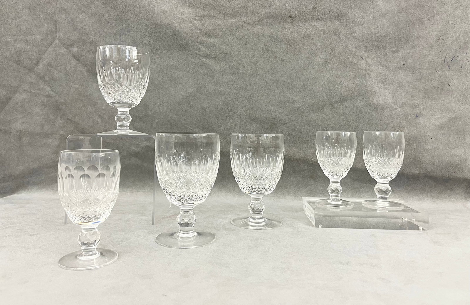 24-PIECE WATERFORD "COLLEEN" PATTERN COLORLESS CUT CRYSTAL STEMWARE,: PIECE WATERFORD "COLLEEN" PATTERN COLORLESS CUT CRYSTAL STEMWARE. Including 12 wine goblets, H: 5 1/4", and 12 sherrie goblets, H: 4 3/8".