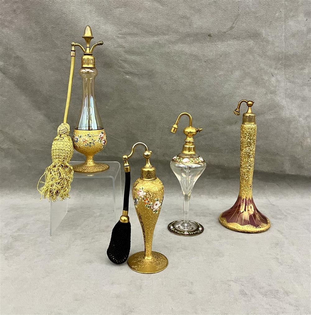 FOUR ASSORTED VINTAGE GILT DECORATED PERFUME ATOMIZERS. - Tallest, H: 9 5/8 in. l. (1 of 16)
