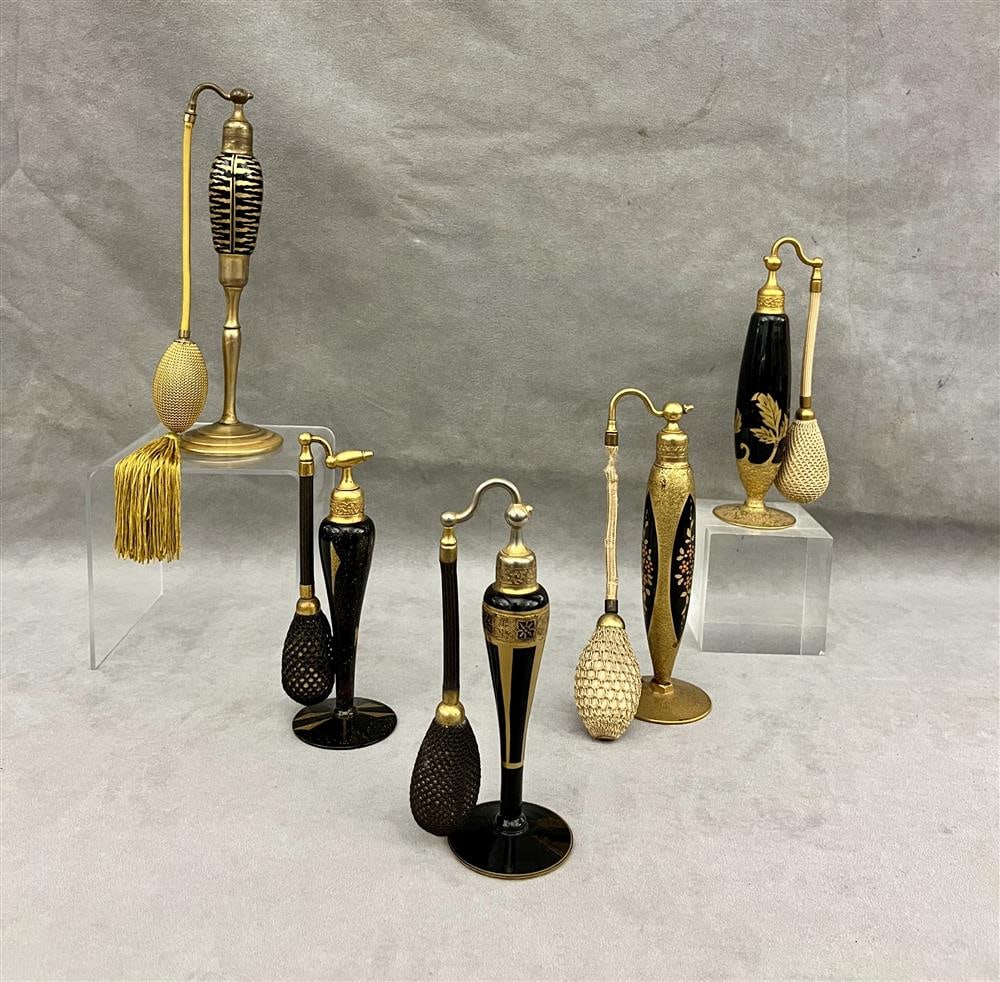 FIVE ASSORETED VINTAGE BLACK/GOLD GLASS ATOMIZERS BY DEVILBISS AND OTHERS , - Tallest, H: 9 in. (1 of 20)