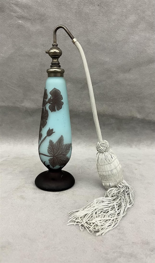 LOETZ SIGNED "RICHARD" ACID-ETCHED CAMEO ART GLASS PERFUME ATOMIZER. - H: 9 in.: LOETZ SIGNED "RICHARD" ACID-ETCHED CAMEO ART GLASS PERFUME ATOMIZER. Elongated, pedestal-base drop-form vessel with leaf decoration on pale aqua ground - H: 9 in.