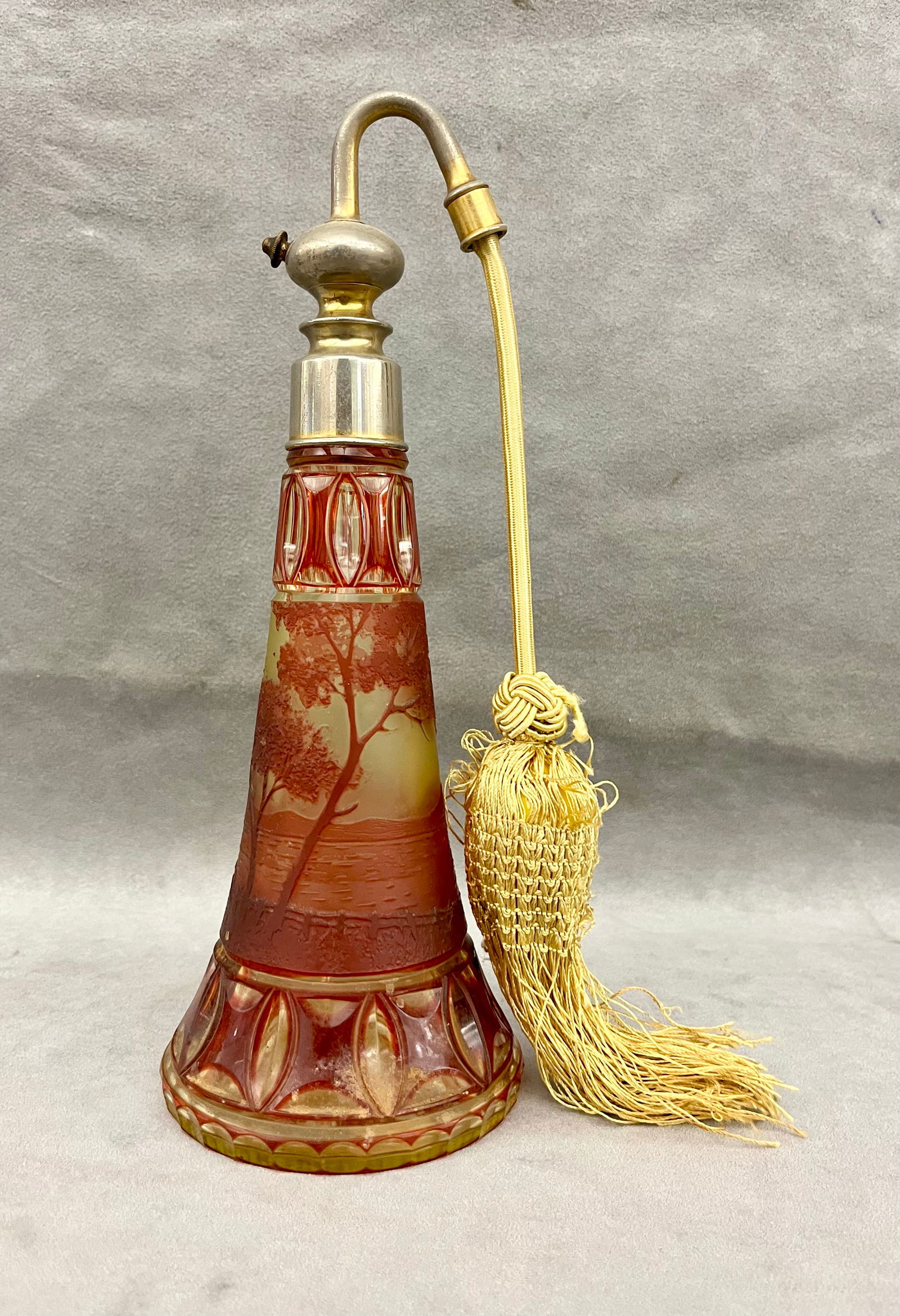 SIGNED VAL ST. LAMBERT LANDSCAPE CAMEO ART GLASS PERFUME ATOMIZER, - H: 11 in. (1 of 7)