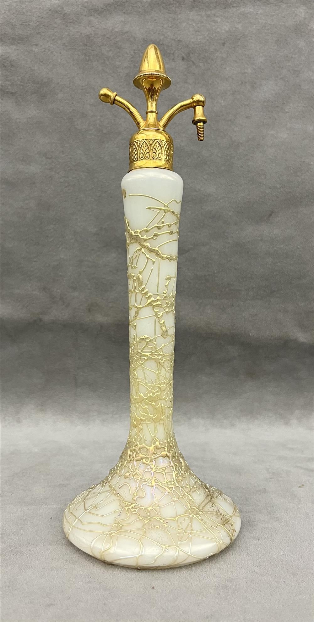 IRIDESCENT WHITE ART GLASS ATOMIZER WITH GOLD OVERLAY, - H: 9 3/4 in. (1 of 7)