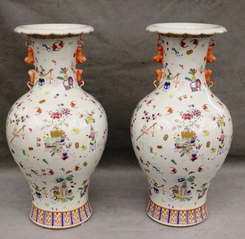 PAIR CHINESE FAMILLE ROSE PORCELAIN BALUSTER-FORM VASES. - H: 18 in.: PAIR CHINESE FAMILLE ROSE PORCELAIN BALUSTER-FORM VASES. Overall decoration of flowering vessels, bats and precious objects - H: 18 in.
