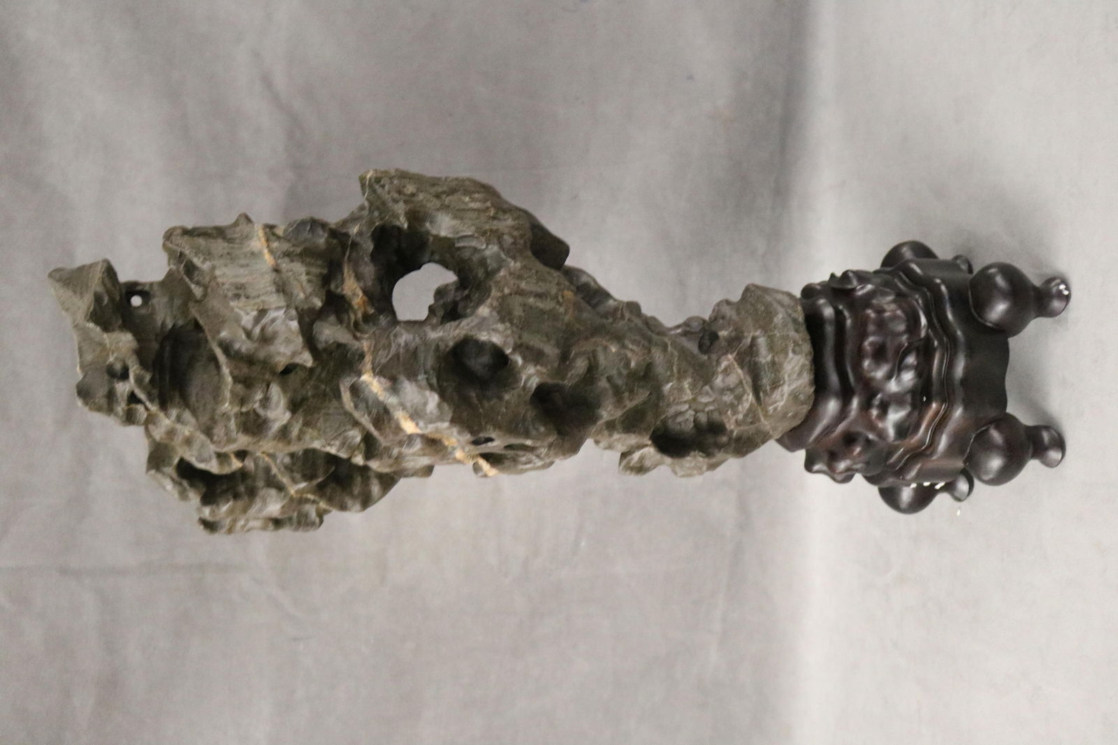 CHINESE SCHOLAR ROCK ON CARVED, FITTED BASE. - Overall with base, H: 27 1/2 in. (1 of 10)