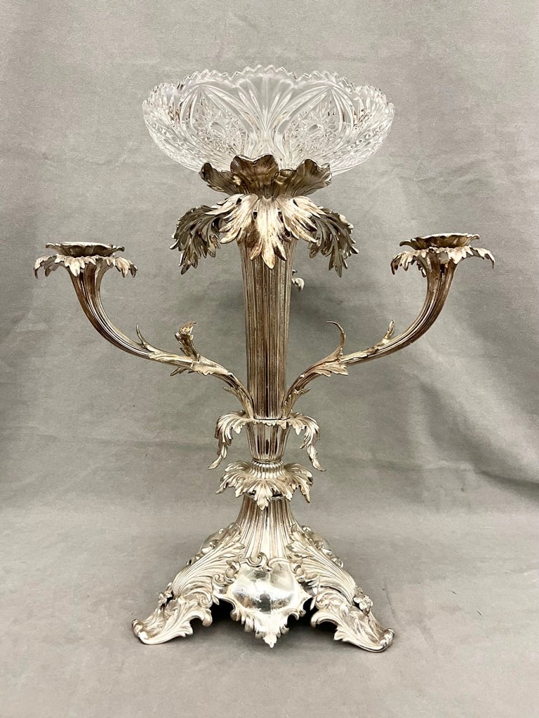 ENGLISH VICTORIAN HEAVY SILVER-PLATED EPERGNE. - H: 19 1/4". exculding bowl. (1 of 9)