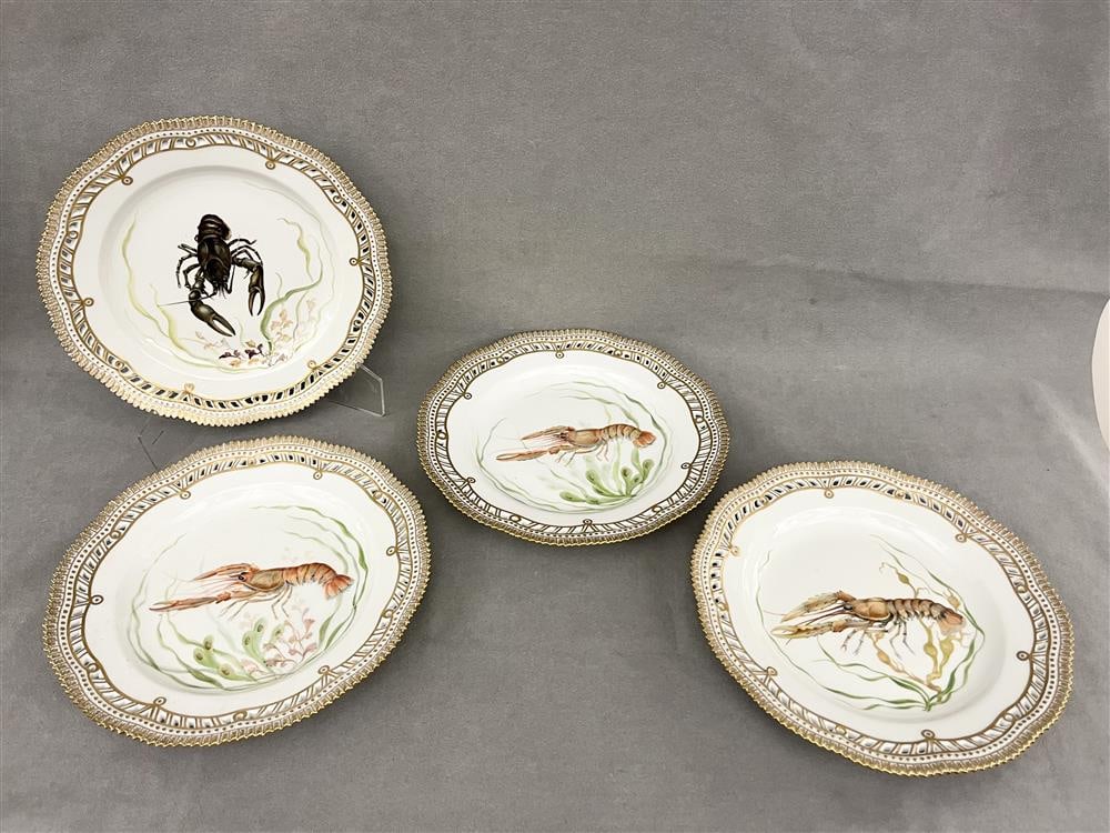SET FOUR ROYAL COPENHAGEN FAUNA DANICA PORCELAIN LOBSTER-DECORATED PLATES . - D: 10 in.: SET FOUR ROYAL COPENHAGEN FAUNA DANICA PORCELAIN LOBSTER-DECORATED PLATES . Scalloped, reticulated borders - D: 10 in.