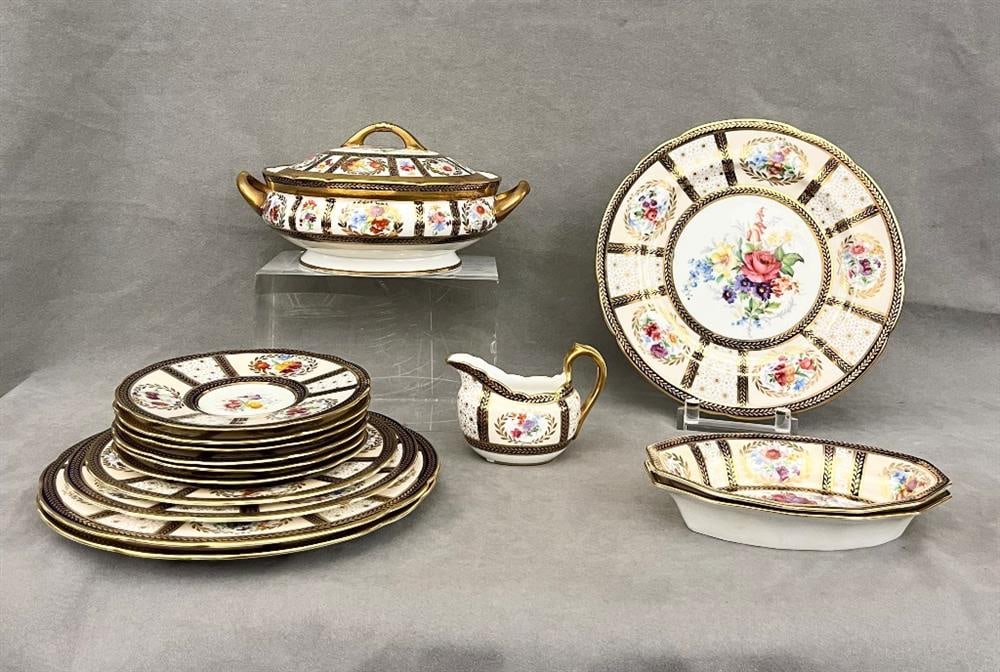 15 PIECES ENGLISH PARAGON BONE CHINA TABLEWARE CREATED AS REPRODUCTION OF SERVICE MADE FOR HER: 15 PIECES ENGLISH PARAGON BONE CHINA TABLEWARE CREATED AS REPRODUCTION OF SERVICE MADE FOR HER MAJESTY QUEEN MARY. Including circular covered casserole, creamer, six underplates for bouillon bowls, s