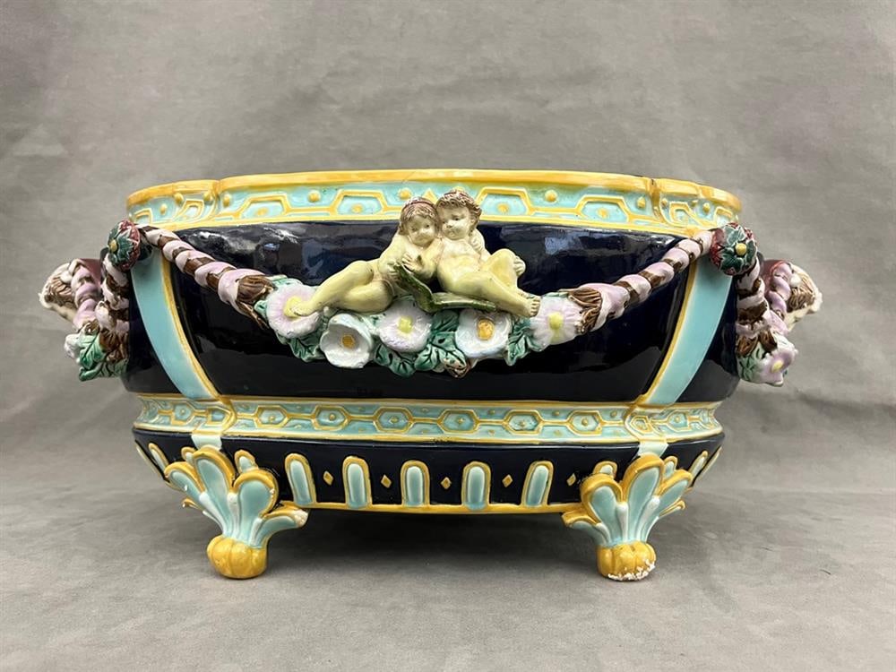 ENGLISH MAJOLICA FIGURAL-MODELED OVAL FOOTED PLANTER, 19th century. - L: 20 in. (1 of 10)