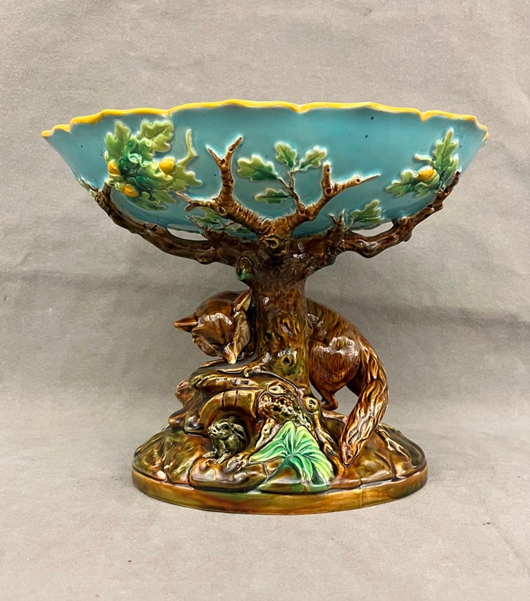 19TH CENTURY ENGLISH MAJOLICA FIGURAL COMPOTE, - H: 8". L: 10". (1 of 12)