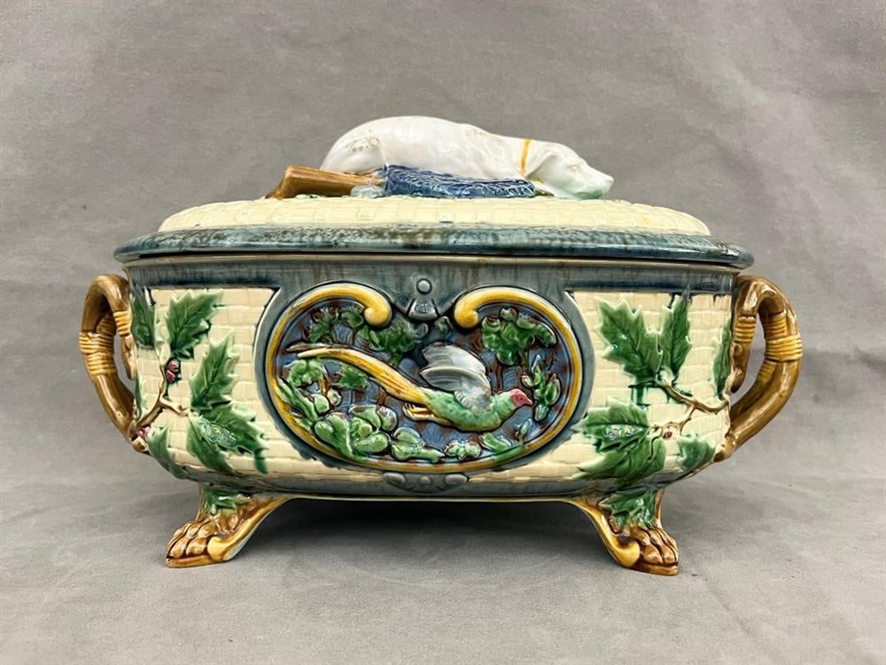 LATE 19TH CENTURY ENGLISH SIGNED MINTON MAJOLICA OVAL GAME DISH AND COVER, 1873. (1 of 9)