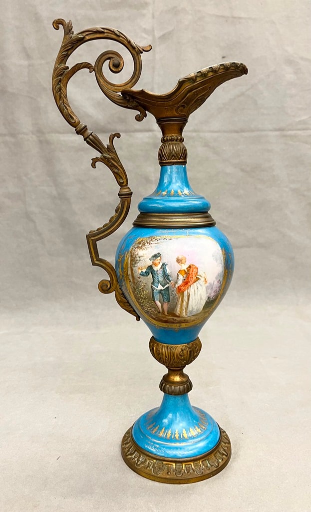 SEVRES POLYCHROME PAINTED CELESTE BLUE PORCELAIN EWER WITH GILT METAL MOUNTS. late 19th century. - (1 of 7)